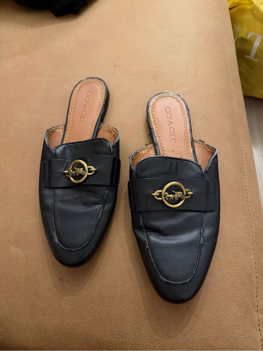 COACH Women's Black Leather Slide Mules with Gold Horse Accent ***peeling, poor